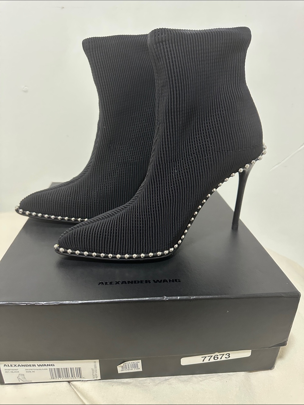 Alexander Wang Black Ribbed Sock Ankle Boots with Silver Stud Trim